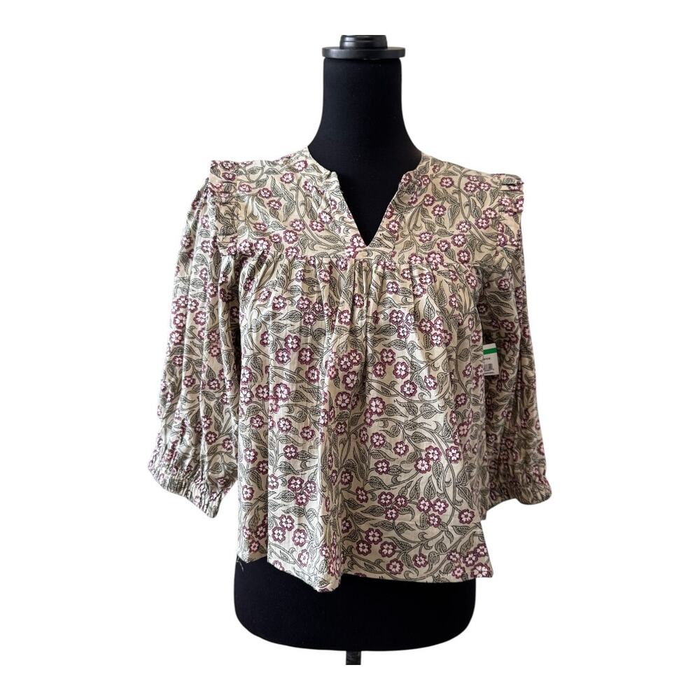 NEW MAISIE NORDSTROM Split Neck Floral Print Cotton Top Size XS